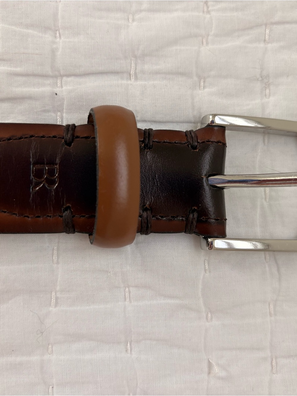 Men's Two-Tone Brown Leather Dress Belt with Polished Silver Buckle